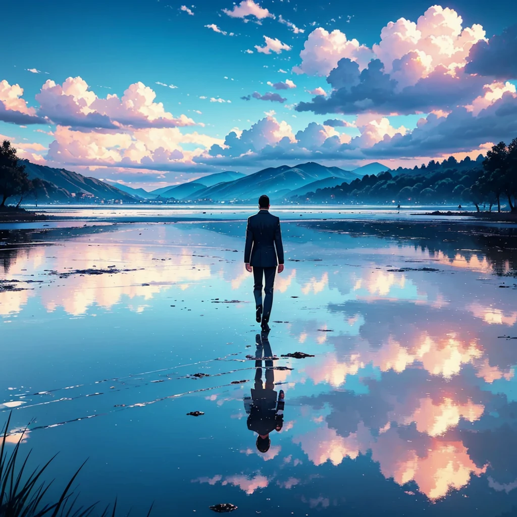 A handsome man walking on a wet surface at a distance, looking at the viewer, set against a blue beautiful sky. The sky and clouds are reflected on the wet surface. The man is centered with the focus on the expansive and fantastical landscape, reminiscent of a cinematic scene. Bright, and vibrant colors.