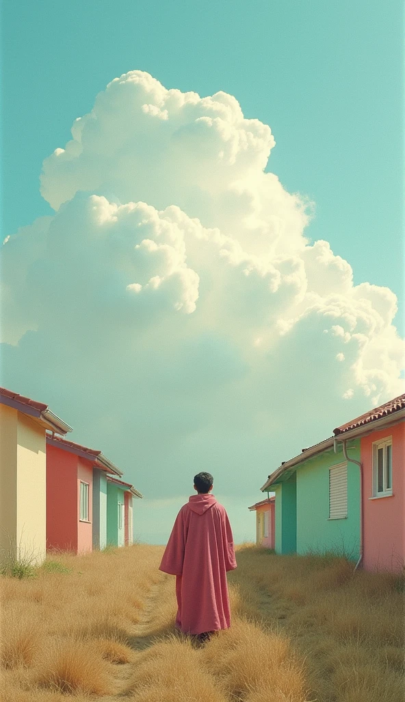 houses, pastel colors, cotton clouds above, surreal atmosphere, raw photo, man in robe standing, 35mm