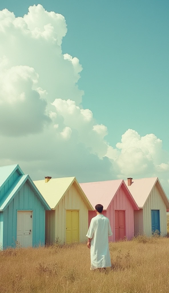 houses, pastel colors, cotton clouds above, surreal atmosphere, raw photo, man in robe standing, 35mm