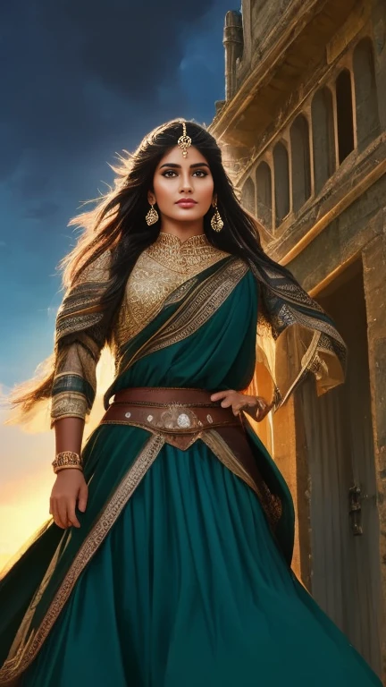 Visualize Razia Sultana, a determined and fierce woman, standing at the gates of a grand fortress. A stormy sky above her mirrors the turmoil in her life as she faces challenges and obstacles on her path to rule the Islamic empire in India. Lightning flashes, emphasizing the turbulent nature of her ascent.