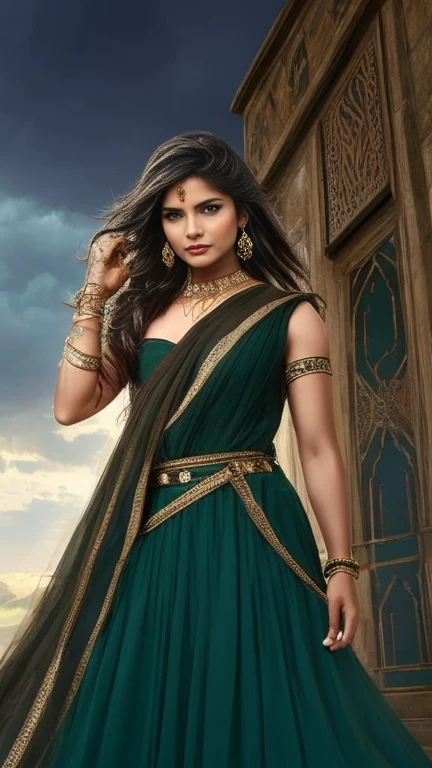 Visualize Razia Sultana, a determined and fierce woman, standing at the gates of a grand fortress. A stormy sky above her mirrors the turmoil in her life as she faces challenges and obstacles on her path to rule the Islamic empire in India. Lightning flashes, emphasizing the turbulent nature of her ascent.