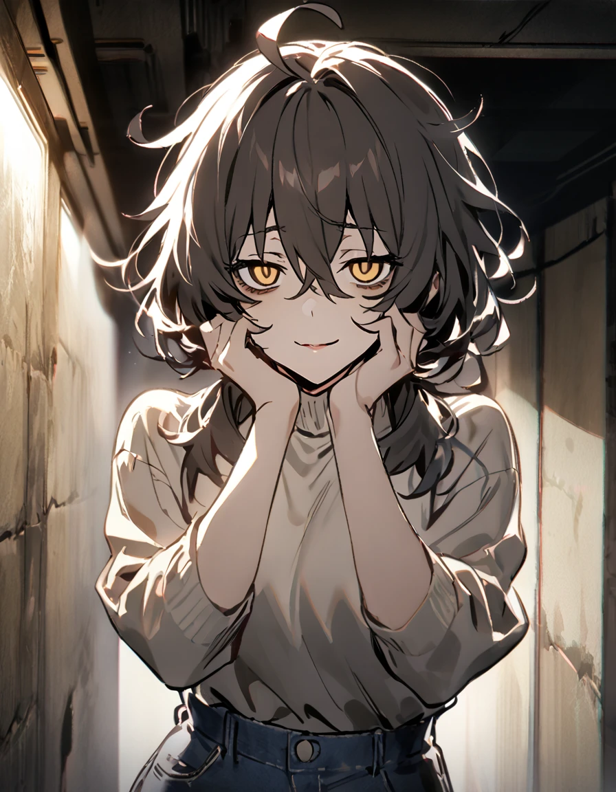mature, golden eyes, looking at viewer, female, basement background, messy hair, black shoulder-length hair, ponytail, parted lips, hair between eyes, ahoge, emotionless, tired eyes, standing, jeans, turtleneck shirt, comfy clothes, leaning on railing, bandage around head and eye, bags under eyes, yandere, smirk, hands on cheeks, very dark, faint light on the background, medical eyepatch