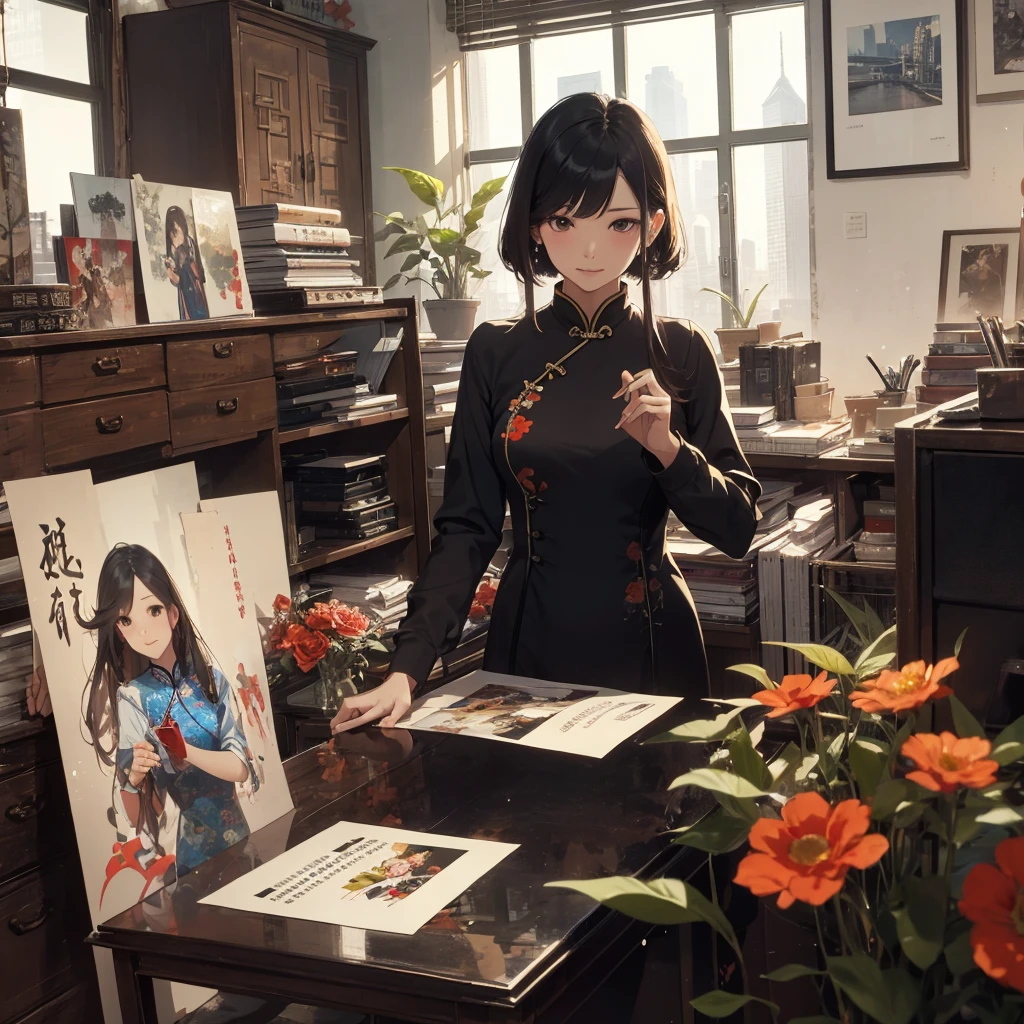 Old Shanghai,Miss,cheongsam,poster,Outlook,flowers, office lady,