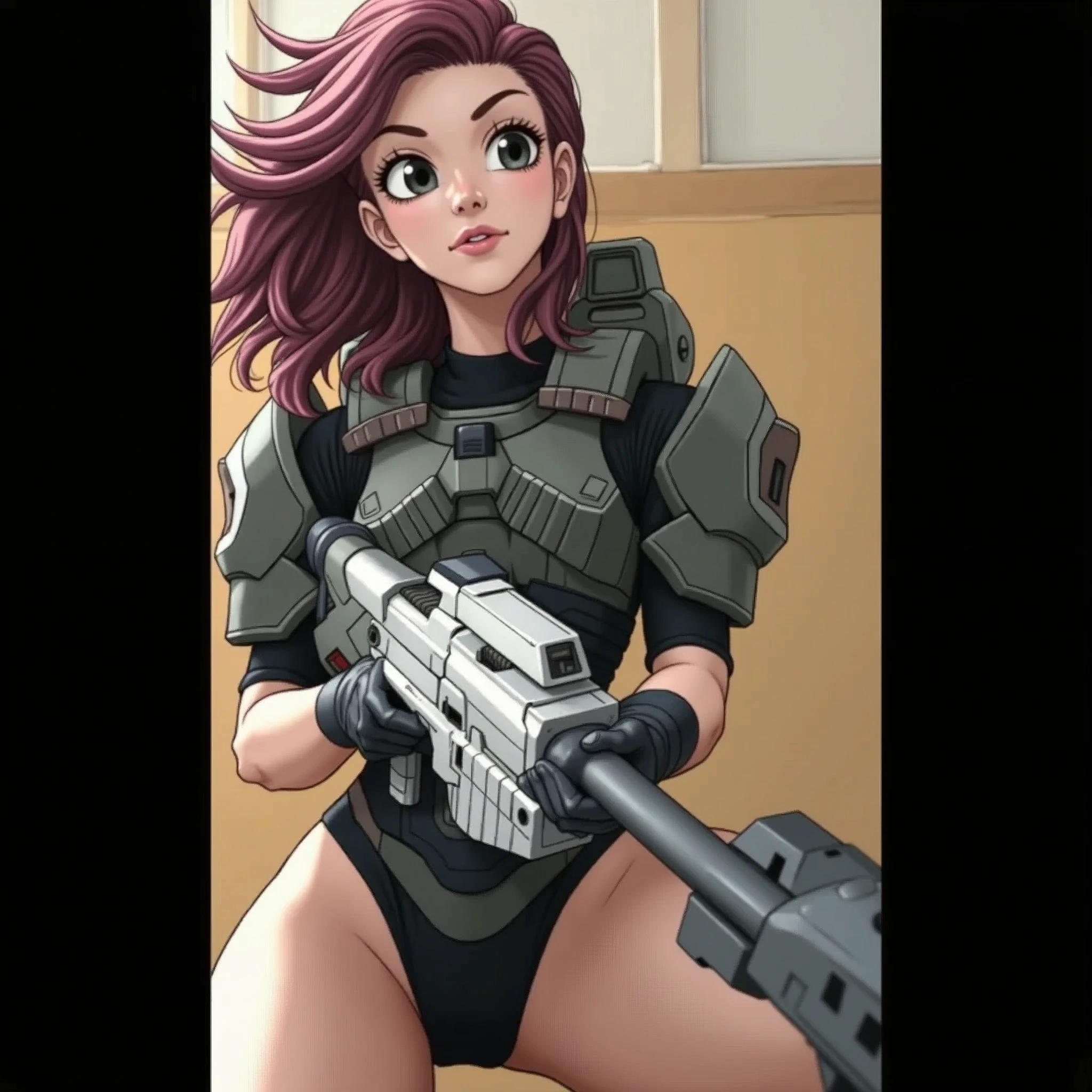 Female Halo Spartan Soldier, full body, sensual, wine-colored hair, shoulder length hair, wavy hair, slanted eyes, cachetona, brownish skin, dark colored eyes, weapon in hand, snub nose, long legs, with platform boots