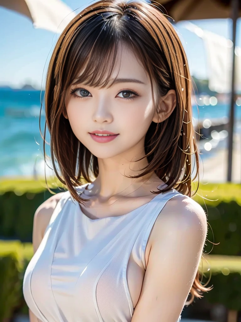 At the Beach,White vest,Expose your shoulders,((Tabletop)),(Realistically:1.2),最high quality,high quality,Absurd,Rich colors,Great art,最high quality, Very detailed,Beautiful details,20-year-old、Blonde beauty、BlondeJapanese、