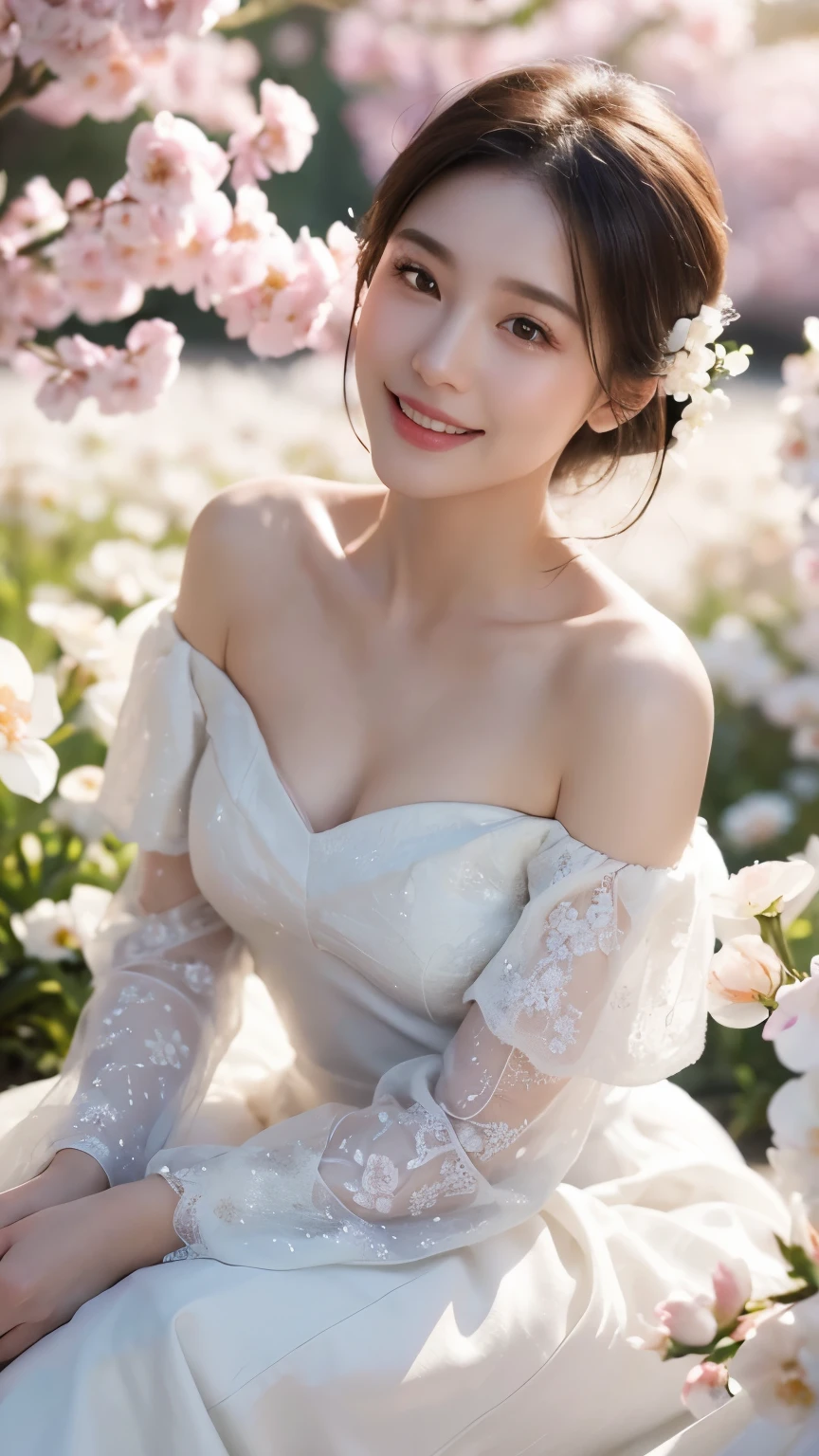 (1girl, white dress, off shoulder, blossom flower field), (photorealistic:1.4), (best quality, masterpiece, ultra-detailed, ultra high res, HDR, cinematic lighting, dramatic lighting, volumetric lighting, intricate details, sharp focus), glowing skin, light smile, elegant, serene, peaceful, beautiful, delicate