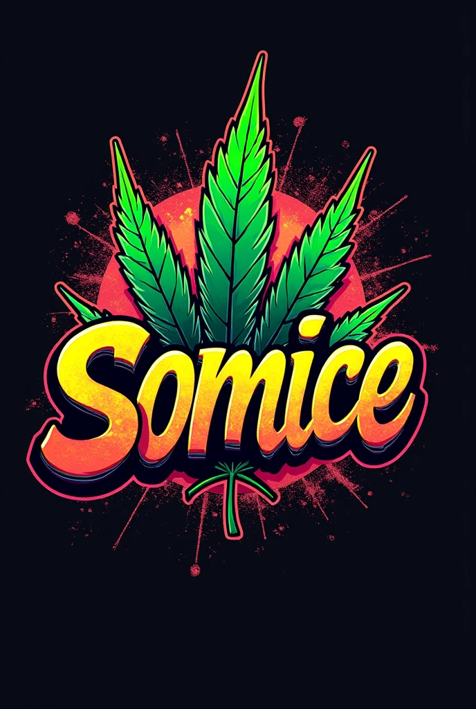 Somice Cannabis Shop logo has cannabis leaves, cool letters, graffiti style, vertical image, cool background.