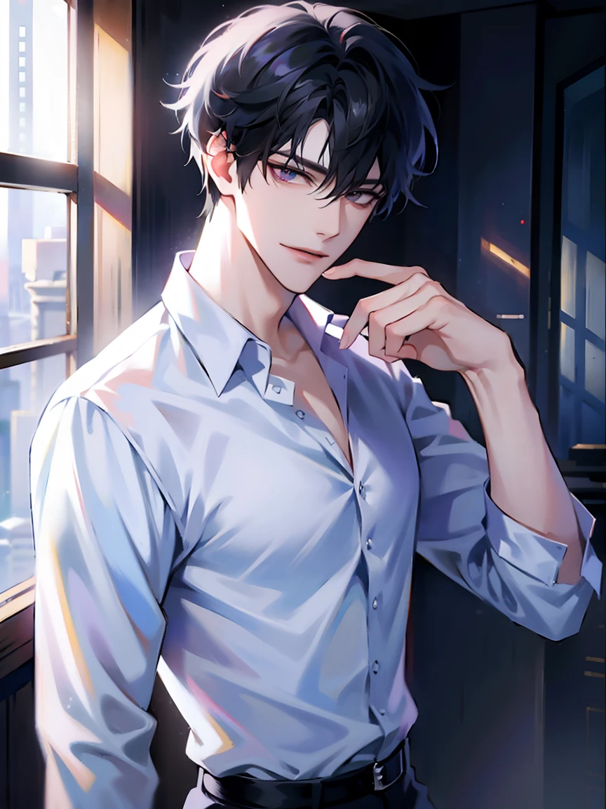 (masterpiece, 8k, high quality, best quality:1.6), 1boy, solo, short hair, black hair, asymmetrical fringe, purple eyes, handsome, sharp eyes, (mature male, mature:1.2), male focus, fashionable, tucked in open white collared shirt, gray pants, necklace, close up, smile, long eyelashes, soft shadows, perfect anatomy, hand touching viewer
