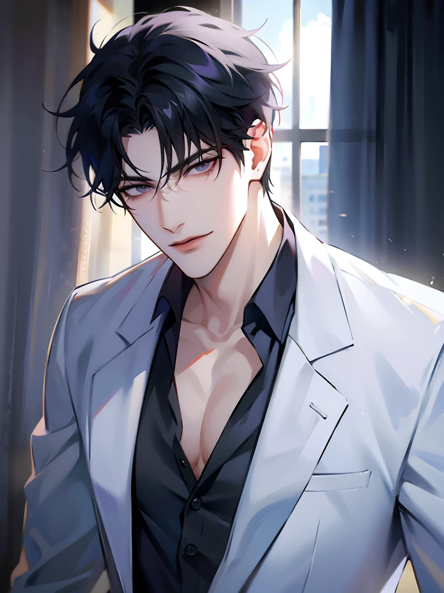 (masterpiece, 8k, high quality, best quality:1.6), 1boy, solo, short hair, black hair, asymmetrical fringe, purple eyes, handsome, sharp eyes, (mature male, mature:1.2), male focus, fashionable, tucked in open white collared shirt, gray pants, necklace, close up, smile, long eyelashes, soft shadows, perfect anatomy, hand touching viewer