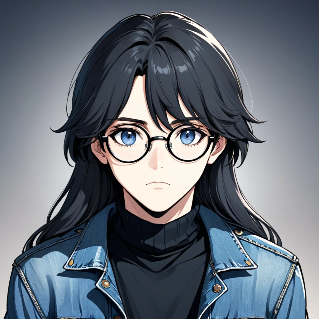 Manga style, draw, art, handsome boy, bitch face, circle glasses, lazy eyes, empty eyes, long hair, looking at viewer, denim jacket, black turtleneck, upper body.