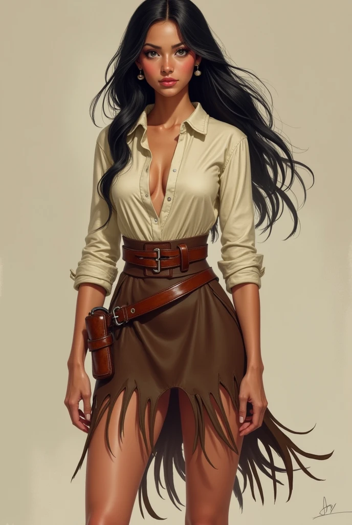 (Cindy Starfire, warrior woman, 20 years old, fair skin, solo, gold hair, light blue eyes, full body, cream shirt tucked in 6 inch broad brown belt around waist,
and sleeves of shirt reaching to forearm, short dark brown tasselled leather
skirt, thonged moccasins on feet.