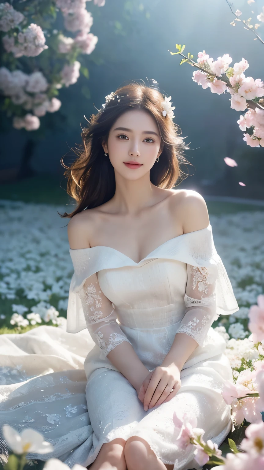 (1girl, white dress, off shoulder, blossom flower field), (photorealistic:1.4), (best quality, masterpiece, ultra-detailed, ultra high res, HDR, cinematic lighting, dramatic lighting, volumetric lighting, intricate details, sharp focus), glowing skin, light smile, elegant, serene, peaceful, beautiful, delicate