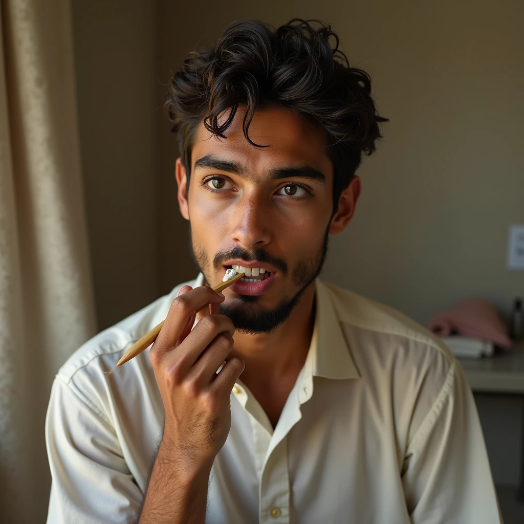 Create a realistic photo of Muslim young man doing washing his teeth with tooth stick 