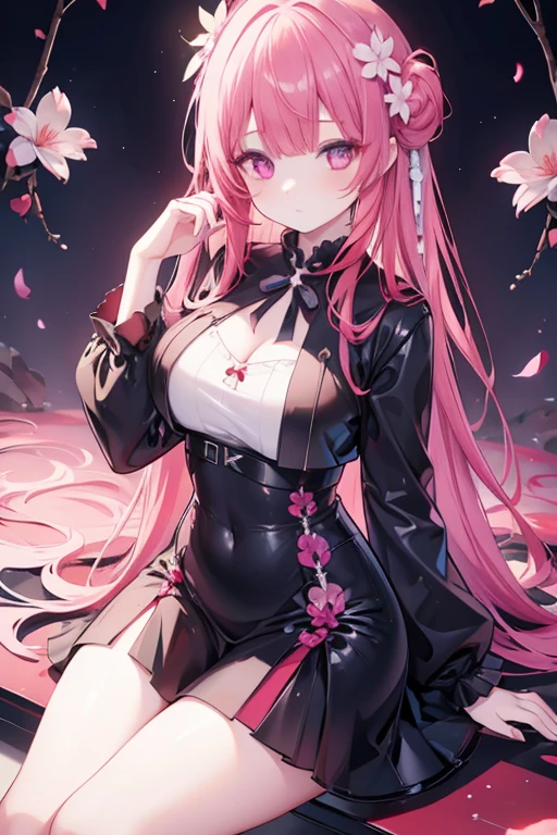 1 girl, Red hair, Glowing purple eyes, Highly detailed eyes, Casual clothes, melody clip, magnolia flower in hair, long hair,(((8k))) narrow eyes, yandere