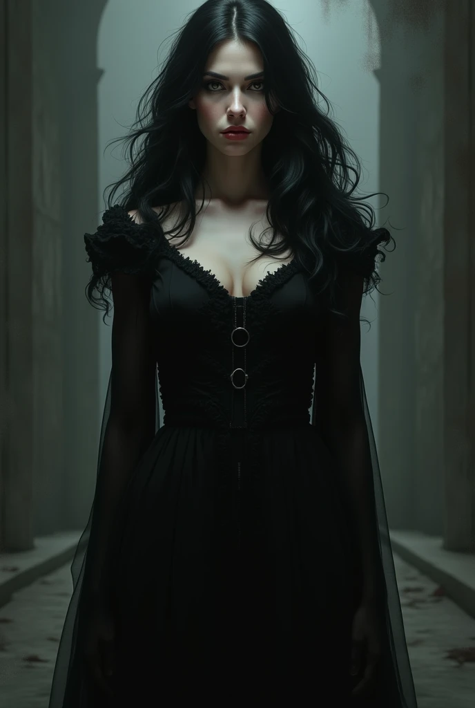 masterpiece, best quality, ultra-detailed, high resolution, extremely detailed, (Full Body Shot:1.3), (sharp focus:1.2), photo, attractive young female model, beautiful, Marijn Isabeau, 22 years old, (blue eyes:1.5), (((black hair:1.2))), caucassian, long hair, (beautiful face:1.1), detailed eyes, luscious lips, (spooky:1.4) (smokey eye makeup:1.5), (smile:1.2),(blood all over her face:1.8) wearing (necklace:1.2), (black tight off the shoulder, sleeveless long dress:1.8), (pale skin:1.8) (vampiresse costume:1.9) on a ( dark night:1.8). ( dark inside castle:1.8), depth of field, bokeh, 4K, HDR. by (James C. Christensen:1.2|Jeremy Lipking:1.1), (dramatic light:1.9), (dim light:1.5)