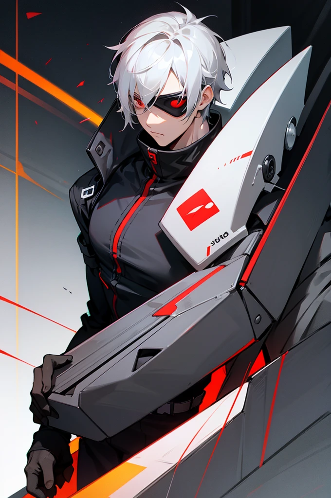 male,  adult, White Hair, Red eyes, Black and gray jumpsuit, SOS Logo, Night vision goggles, Perfect quality.