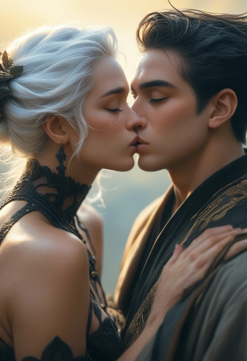 full faraway view, Stunning dark fantasy 25 year old anime male assassin, with long black hair freckled skin, intimately kissing, a 25 year old male anime druid, handsome, with long white hair, eyes closed, facial expressions of lust, Dark fantasy romantic semirealistic manga comic style. Volumetric and dynamic lighting. Hyperdetailed photorealistic hyperrealistic