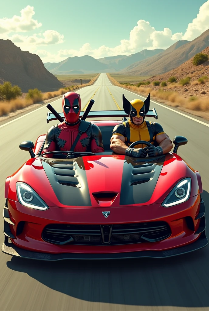 Deadpool and wolverine driving together in a car on the highway