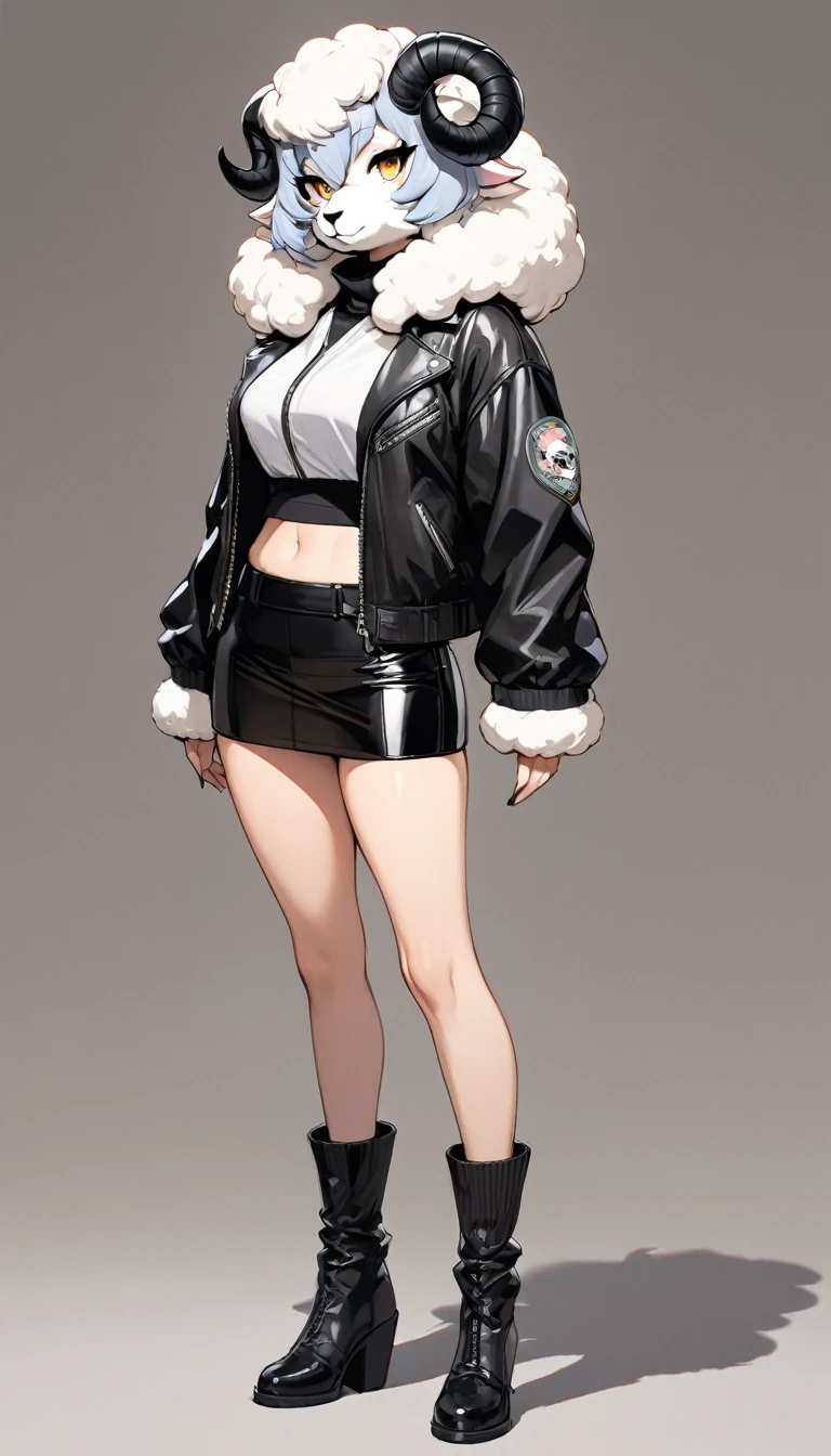 (masterpiece, best quality:1.2), 1 girl, solo, full body, (anthropomorphic Sheep, furry, kemono), Black Leather made from lambskin Jacket and mini skirt, stylish, simple background
