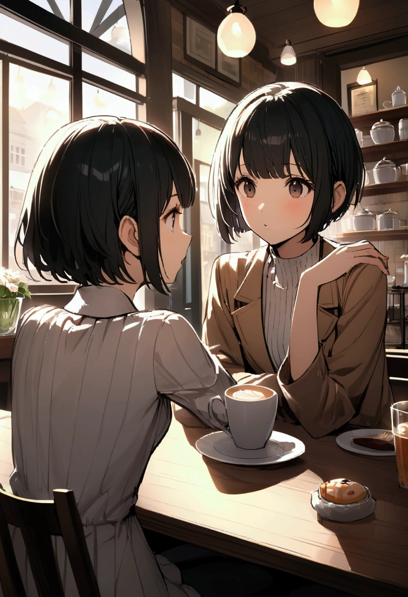 slender,a young girl,pixie cut,black hair,Cafe,Talking to friends