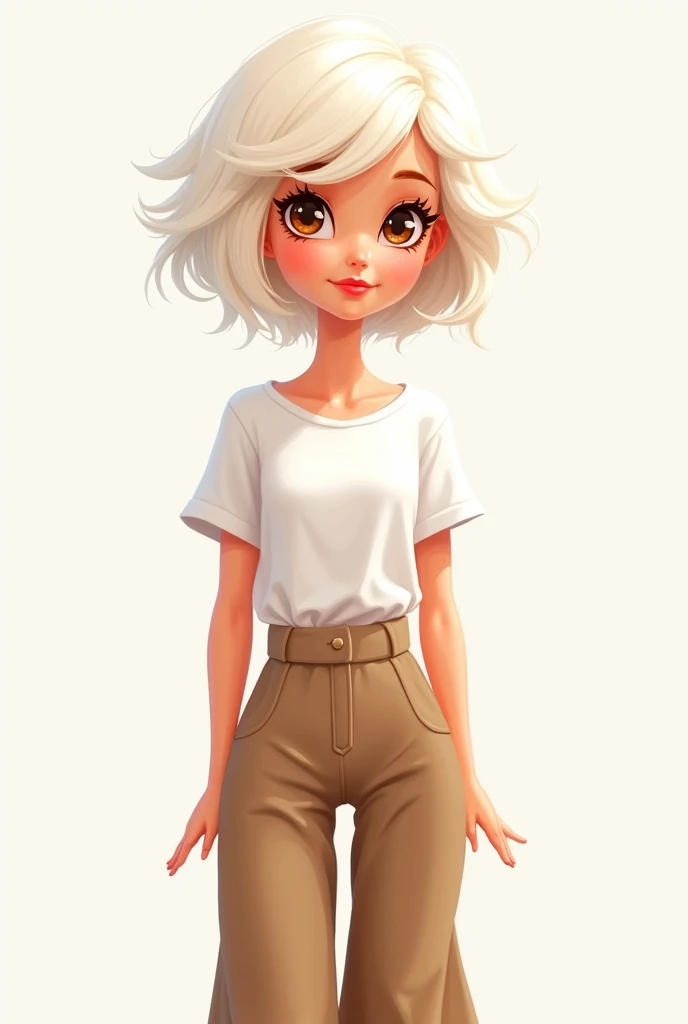 Cartoon Barbie with short white hair and brown eyes dressed in a white short-sleeved shirt and dark beige loose pants