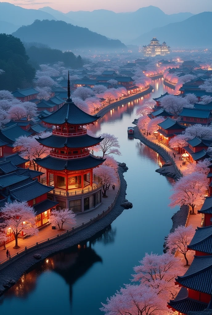 busy Asian shops japanese chinese style with a winding river canal like venice curved in s shape, in the middle focal point big rounded pagoda in an island surrounded by the river and water epic scale, background is castle, night time,boats selling things, cherry blossom trees, aerial shot