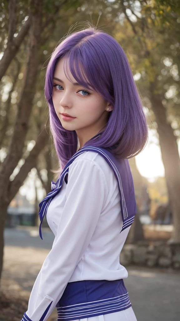 European girl. Facial details. Delicate facial features. Half-closed eyes. blue eyes. Long Straight Hairstyle. Purple Hair. A calm face. ((Sexy pose)). (Sailor Suit Costume). Beautiful thighs. Beautiful bust. Beautiful background.