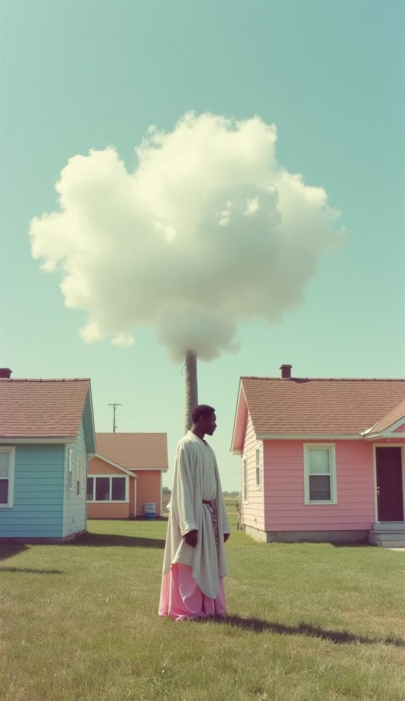 houses, pastel colors, cotton clouds above, surreal atmosphere, raw photo, man in robe standing with long neck, 35mm