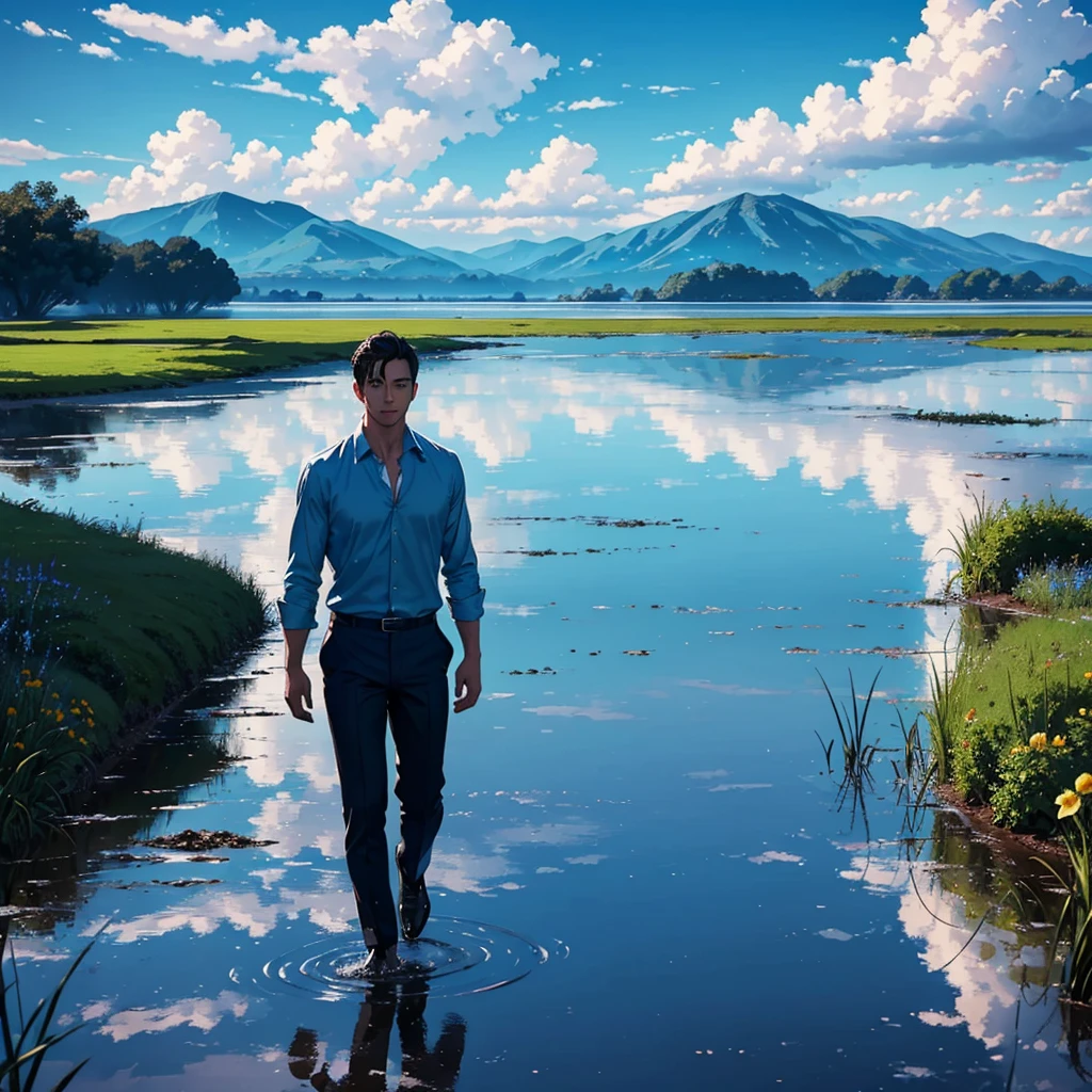 A handsome man in a shirt, walking on a wet surface at a distance, looking at the viewer, set against a blue beautiful sky. The sky and clouds are reflected on the wet surface. The man is centered with the focus on the expansive and fantastical landscape, reminiscent of a cinematic scene. Bright, and vibrant colors.