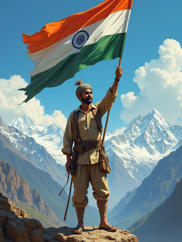 Make a photo of India's great leader Bhagat Singh ji who is standing on the middle of the mountains by taking an India flag