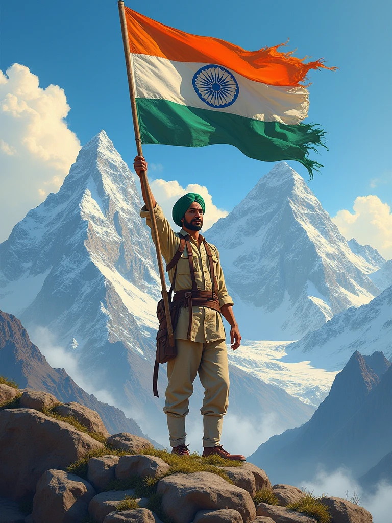 Make a photo of India's great leader Bhagat Singh ji who is standing on the middle of the mountains by taking an India flag