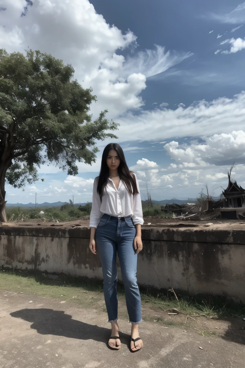 Thai women, Look at the viewer., long hair, shirt, jeans, cloud, day, sky,outdoor, After the Apocalypse, ruins, view, tree, water,