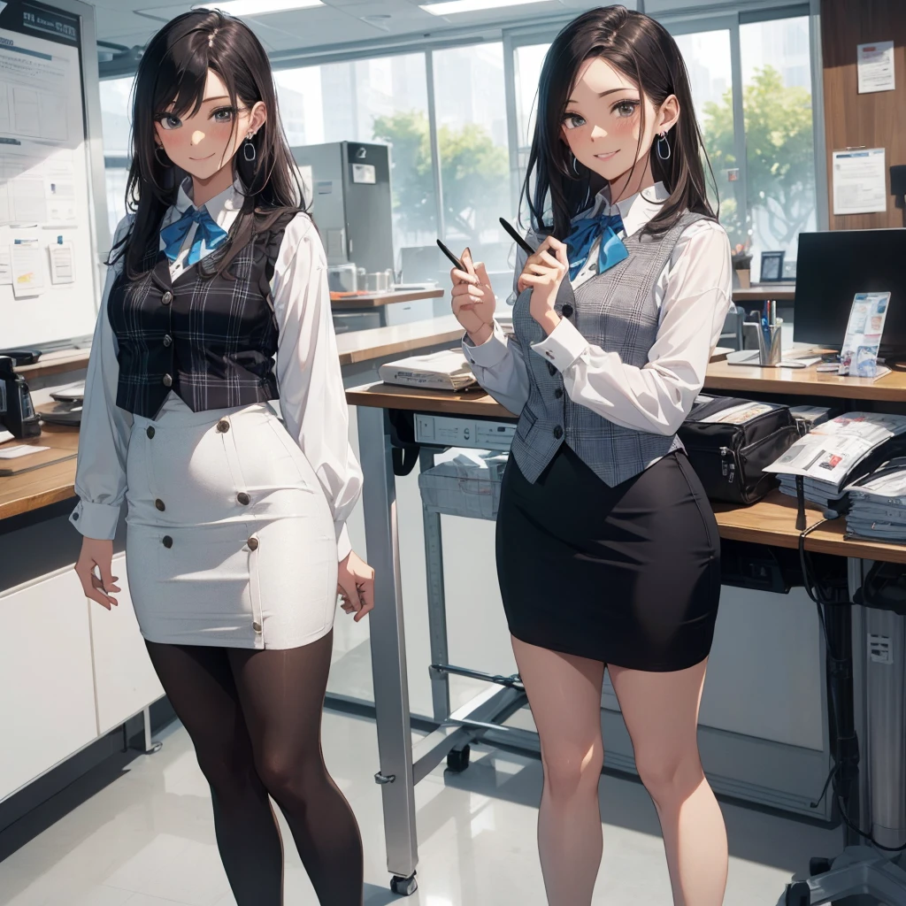 (Best Quality, Masterpiece),Wearing a pink plaid vest, White short sleeved shirt, Gray pencil skirt, Wear stiletto heels, Necklace, earrings, Cute face, Smile, Blushing, Shyness, Glass wall, Ultra Detail, Realistic, Front view, Whole body, stunning, cute, warm smile, hourglass figure, apron, text, chart, advertising, magazine title(Best Quality, Masterpiece), Mag((((1ladyl,)))) (masterpiece), (realistic), (best quality), (ultra-detailed), (wearing in [[white and gray check pattern]] Vest worn over white collared long-sleeved shirt:1.4), (gray vest with buttons:1.2), (Pink Theme:1.2), (blue ribbon ribbon:1.3), (Black theme:1.4), (Tight black pencil skirt:1.5), ((Brown pantyhose)), (high-heels:1.1),longskirt,office desk, office chair,Lulubre Unity 8K Wallpaper, pantyshot, long brown hair, office lady Magazine Cover, 1girl,  amazing, girl, 30 years old, house wiife, warm smile, hourglass figure, text, chart, advertising, 