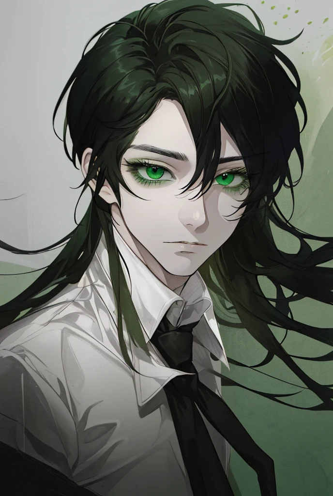 Adult man, green eyes, long eyelashes, black hair, White shirt