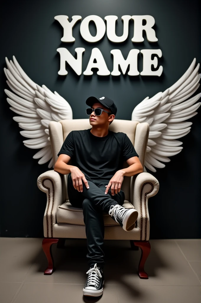 Create a 3D illusion for a Instagram profile picture where a boy in a black shirt sits casually on a Wingback Chair. Wearing sneakers, a black cricket cap, and sunglasses, he looks ahead. The background features "Your Name" in big and capital white fonts on the black wall. Site Time is Money. There should not be his shadow, and there are wings to make it appear as if he is an angel.