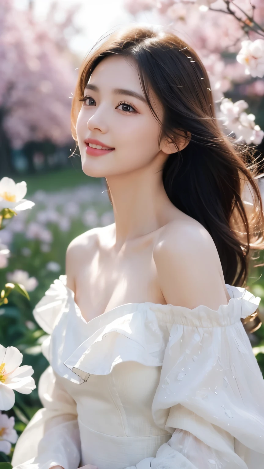 (1girl, white dress, off shoulder, blossom flower field), (photorealistic:1.4), (best quality, masterpiece, ultra-detailed, ultra high res, HDR, cinematic lighting, dramatic lighting, volumetric lighting, intricate details, sharp focus), glowing skin, light smile, elegant, serene, peaceful, beautiful, delicate