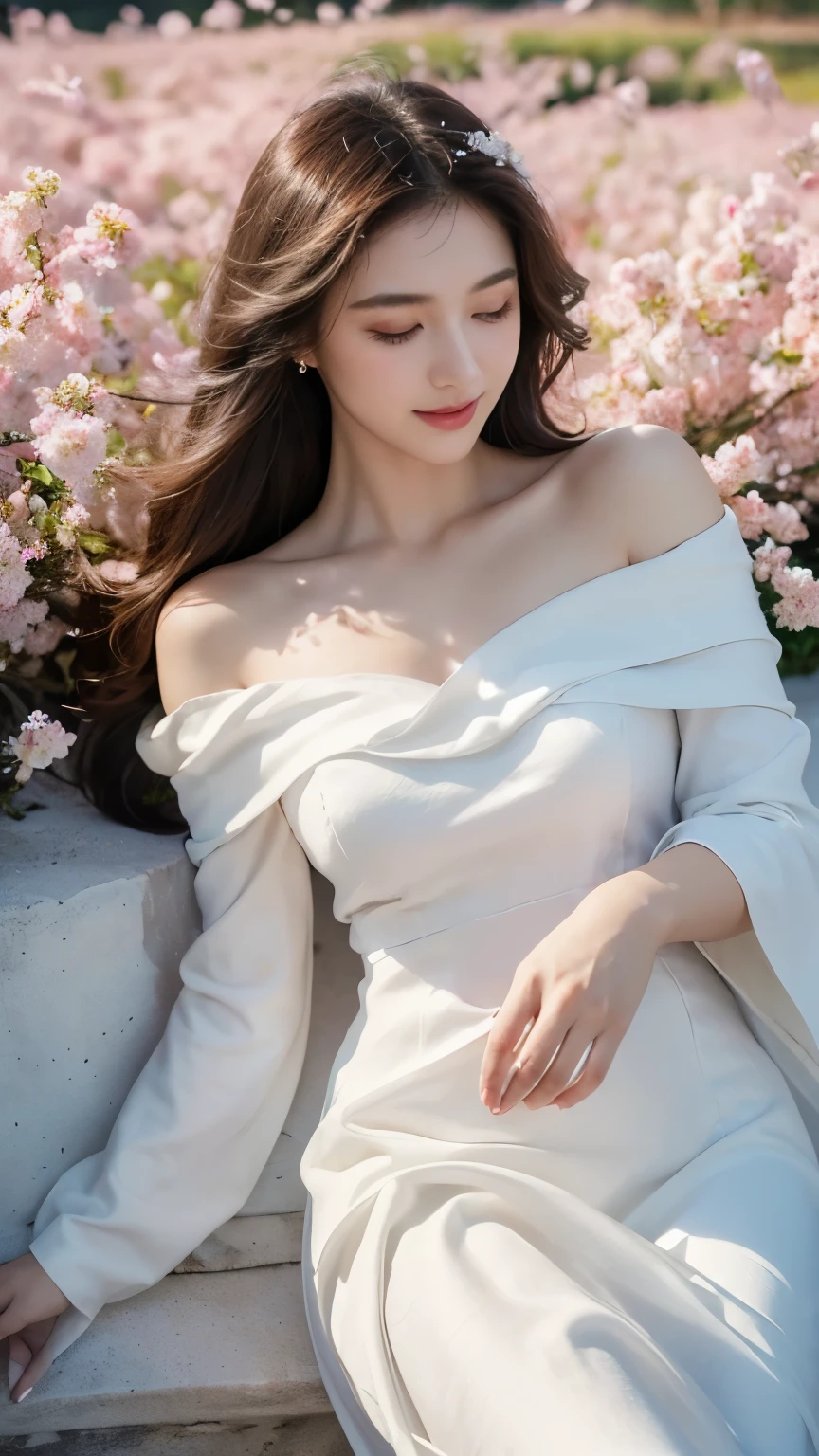 (1girl, white dress, off shoulder, blossom flower field), (photorealistic:1.4), (best quality, masterpiece, ultra-detailed, ultra high res, HDR, cinematic lighting, dramatic lighting, volumetric lighting, intricate details, sharp focus), glowing skin, light smile, elegant, serene, peaceful, beautiful, delicate