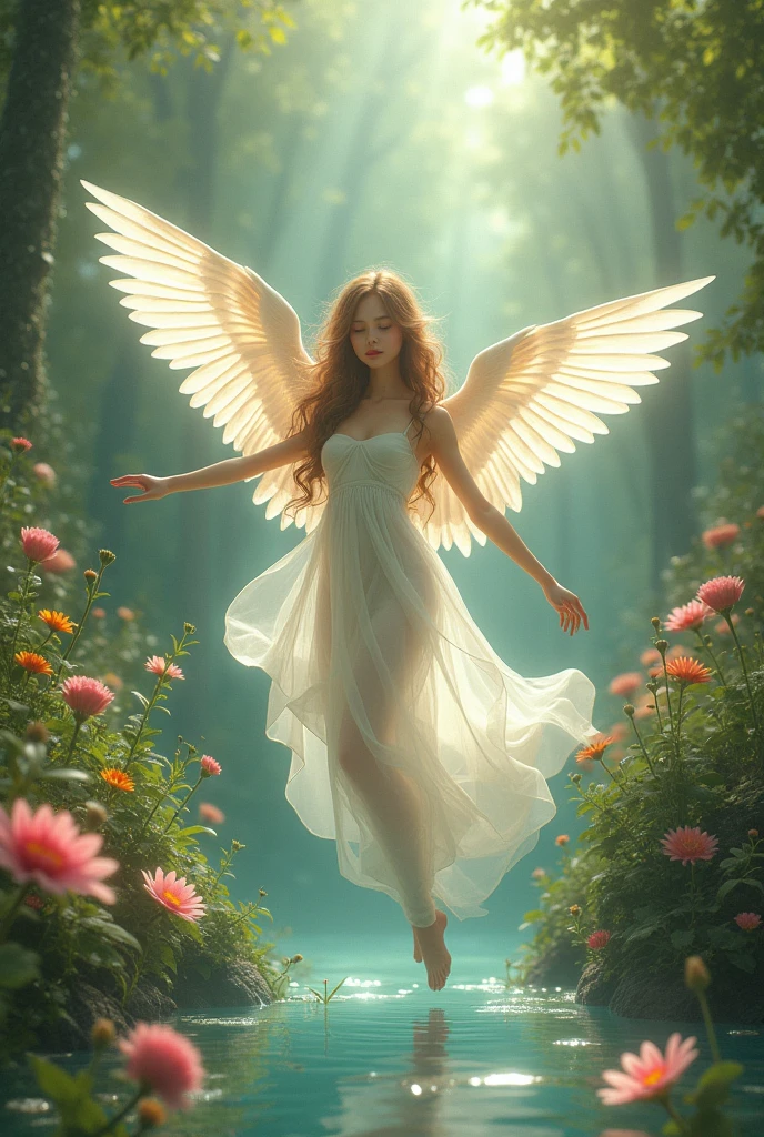 A girl he has a small size cream body and wings and he wearing white gown in a flower and swimming