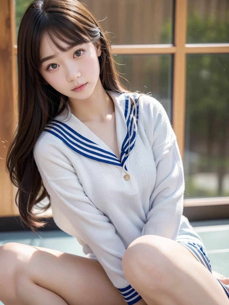 Sailor suit、(Highest quality)、((Very detailed))、4K、(8k)、masterpiece、Very detailedな、Highest quality、Super Resolution、1 person、Kind Face、Soft Light、RAW quality、Soft Skin、163cm、28 years old、Show off your thighs、Textured skin, red face,