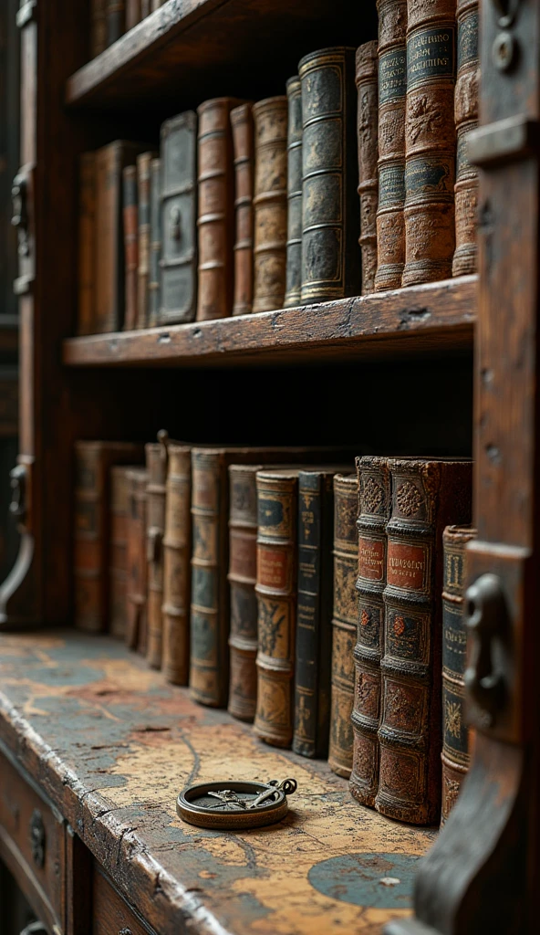 A close-up shot of an old, dusty bookshelf filled with ancient books, maps, and small artifacts (like a compass or an antique key), symbolizing the twins’ fascination with history.8k,vibrant,realistic 