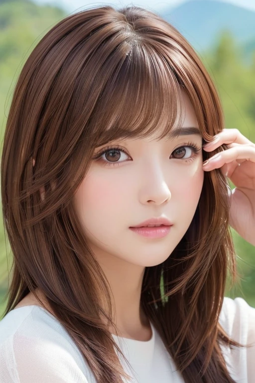 High-quality, ultra-realistic portraits。(She has a long face、It has a long vertical profile)。((The eyes are round at the corners、The corners of the eyes are long and narrow.、The nose is high and well-defined.、The tip is rounded。The lips are sharp both above and below.、The mountain has a clear shape))。The skin is transparent、Has a healthy glow。((Medium Hair、Brown Hair:1.6))。Makeup is natural、Thinly applied to enhance the skin's natural beauty。The lighting is soft and natural.、Accentuating facial features、Does not emphasize shadows。The background is simple and has a blurred gradient.、Focus on the face。