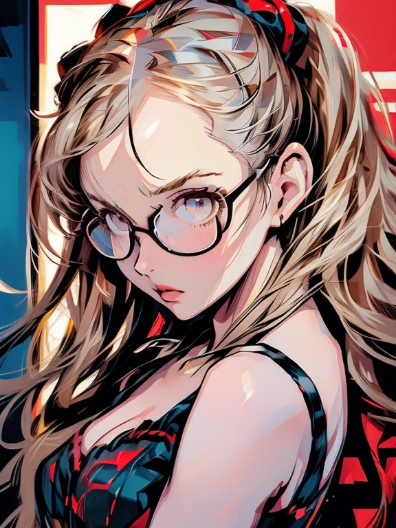 ((chibi)), big head, focus face, in the art style of persona5, (masterpiece:1.2, highest quality), (Realistic, photoRealistic:1.4), Beautiful illustrations, (Natural Side Lighting, Cinema Lighting), Written boundary depth, Beautiful thighs staring at the viewer, 1 female, 30-year-old, alone, thin, slender, (huge breasts), long Hair, straight Hair, Forehead, Forehead, Forehead, Forehead, thin, slender, glasses, lingerie, white bra, (((She wears sexy bra))), Are standing, (((glasses)))