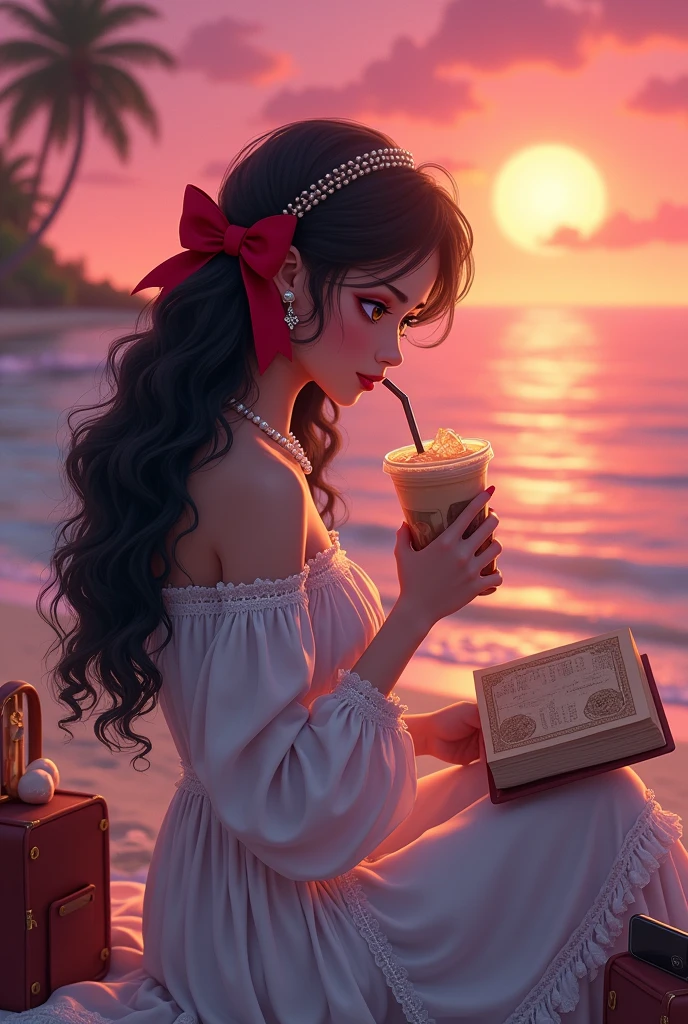 Picturesque pink sunset at the beach with dreamy picnic set up, where Animated classic Ethereal fierce woman, with curly long black hair with red bow clip at middle back, wearing off shoulder, embroidered white long dress with pearl accessories, holding iced coffee with one straw looking at the classic ancient diary, with mobile phone and beach bag
