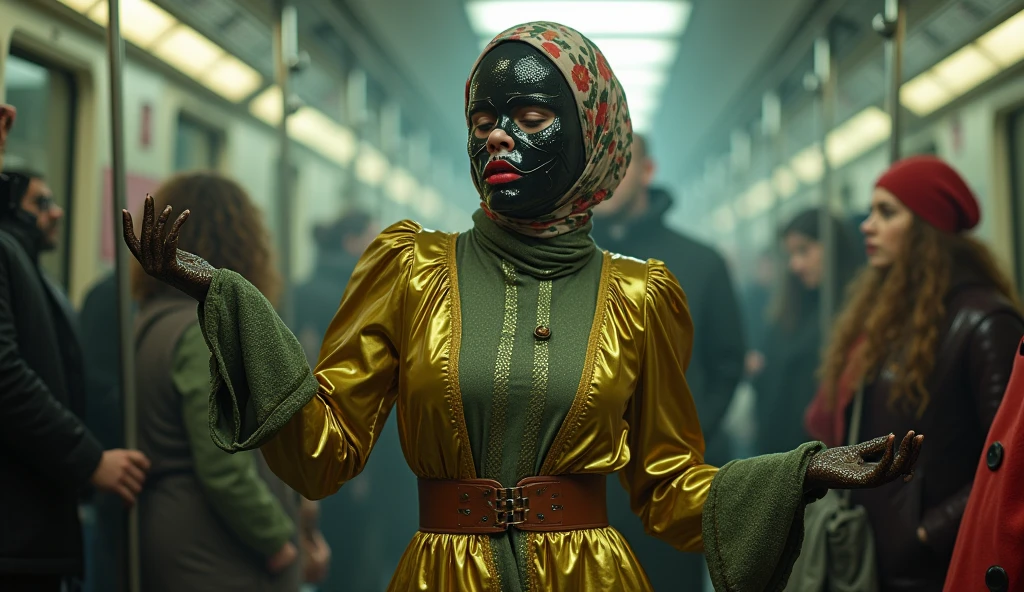 full body shot of a petting non-binary androgynous transvestite crossdressing queer transgender male shemale who is dancing with lifted arms and visible armpits with hair in Berlin subway, clothing with nubs and buffers, corset, apron, vested smock, pleated cuffs, perforated eyemask, holed hijab slick, transparent slick gloves, flowery holed latex rococo green teal mask, high-gloss perforated satin leggings, latex diaper, silky leather shorts, liquid-lacquered pantyhose leggings, shiny bandana, belted mouth black glossy mask, shiny skirt leggings covered, high gloss legging trouser skirt pockets, knob-front, button placket, jezebel high-collar wearing multi-layered high gloss clothing perforated, fluffy eyebrows insanely thick, ballerina glamour, ((beautiful perverted, sensual romper)), holed latex trouser, brown wide belt, printed rose hips, bow style glossy flowered headscarf fully covered, silky romper, flowery khimar satin floral hijab veils blouse tunic, very long sleeved latex clothing, floral mouth purple brown mask, shiny flowery satin gothic latex orange red mask with knobs, wearing teal yellow mustard colored holed perforated layered shiny vest-blouse from top to bottom with knee length shiny boots and a floral latex leggings over the pleated romper with shiny long tunic-blouse and pockets, tripple belt brown purple, floral satin high collared long sleeve blouse with buttons and knobs, high-necked liquid-lacquered high collared long leg romper, glossy-satin coat, ((floral sunglasses)), very high collared blouse made of satin and PU faux glossy-satin with shiny floral face golden pink mask and pockets, so much floral satin high collared romper with button placket, long open button-front blouse hanging, satin high collar, satin gloves, plissee pleated glossy longskirt with knobs, slick long trousers, buttoned slick skirt, pockets, knobs, a lot of bows, flowery satin khimar knobbed, floral latex and glossy-satin khimar long buttoned, (sunglasses), eye cover, 