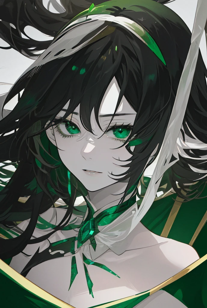  Anime style (One of them has green eyes, White skin, Black Hair，Ponytail, necklace,  Slim, cosmetic, Eyeliner