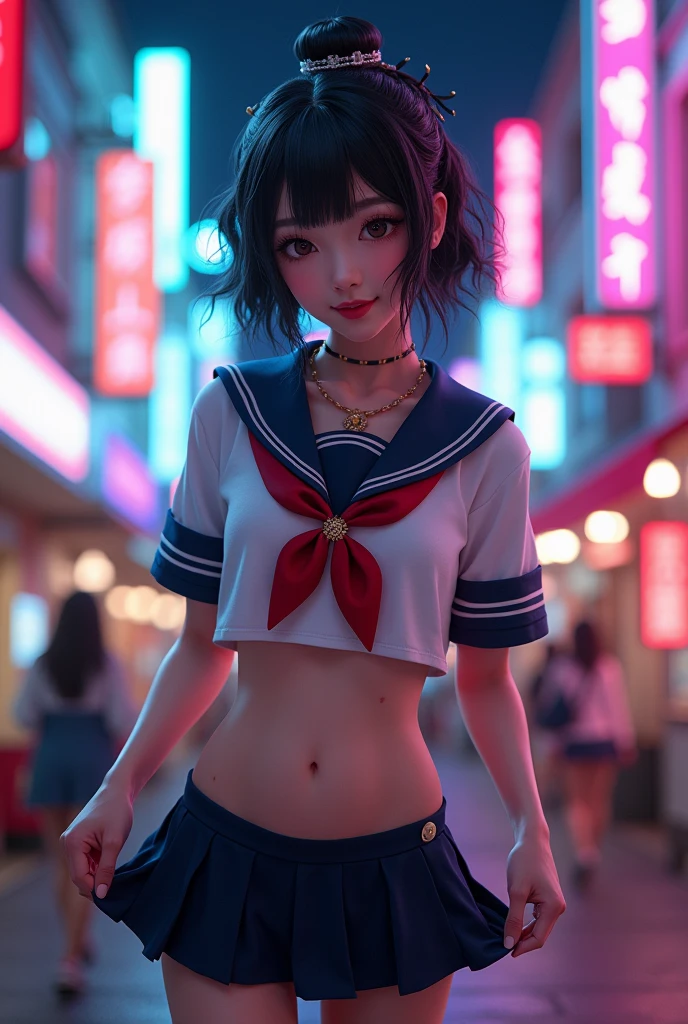 A very beautiful woman of no nationality with oriental features、Wearing a sailor suit、Hair tied in Shimada style、Smiling Kindly、Beautiful and detailed sailor uniform texture、Beautifully detailed body and face、Ideal body type、Big Breasts、Tight waist、Detailed navel、Beautifully detailed thighs、Beautifully detailed eyes、Beautifully detailed mouth、Long eyelashes、Facial features are detailed、hairpin、hair ornaments、Short skirt、Lifting her skirt to reveal her panties、Cyberpunk City's Entertainment District、night、rain、Natural lighting、Vibrant colors、breeze、Delicate crotch、Tense atmosphere、(best quality,4K,8k,highres,masterpiece:1.2),ultra-detailed,(realistic,photorealistic,photo-realistic:1.37), (anatomically correct body structure:1.4), intricate details, dynamic pose, dramatic lighting, vibrant colors, stage performance, idol aesthetic, expressive face, detailed clothing textures, emotional expression