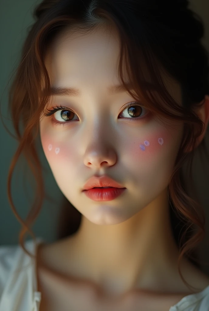 (8K, HDR, highres), ((((Photography, RAW photo, hyperrealism, masterpiece, best quality, ultra highres)))), (pin light, back light, backlighting, cinematic light), sharp focus:1. 4, (hyper detail, finely detailed), face close-up, close-up,, 1girl, Egg-shaped face with cat-like eyes, small and plump lips, straight and cute nose, slightly blushing cheekbones, thick eyebrows and long and pretty eyelashes.