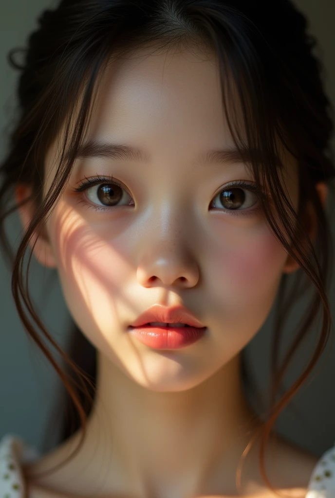 (8K, HDR, highres), ((((Photography, RAW photo, hyperrealism, masterpiece, best quality, ultra highres)))), (pin light, back light, backlighting, cinematic light), sharp focus:1. 4, (hyper detail, finely detailed), face close-up, close-up,, 1girl, Egg-shaped face with cat-like eyes, small and plump lips, straight and cute nose, slightly blushing cheekbones, thick eyebrows and long and pretty eyelashes.