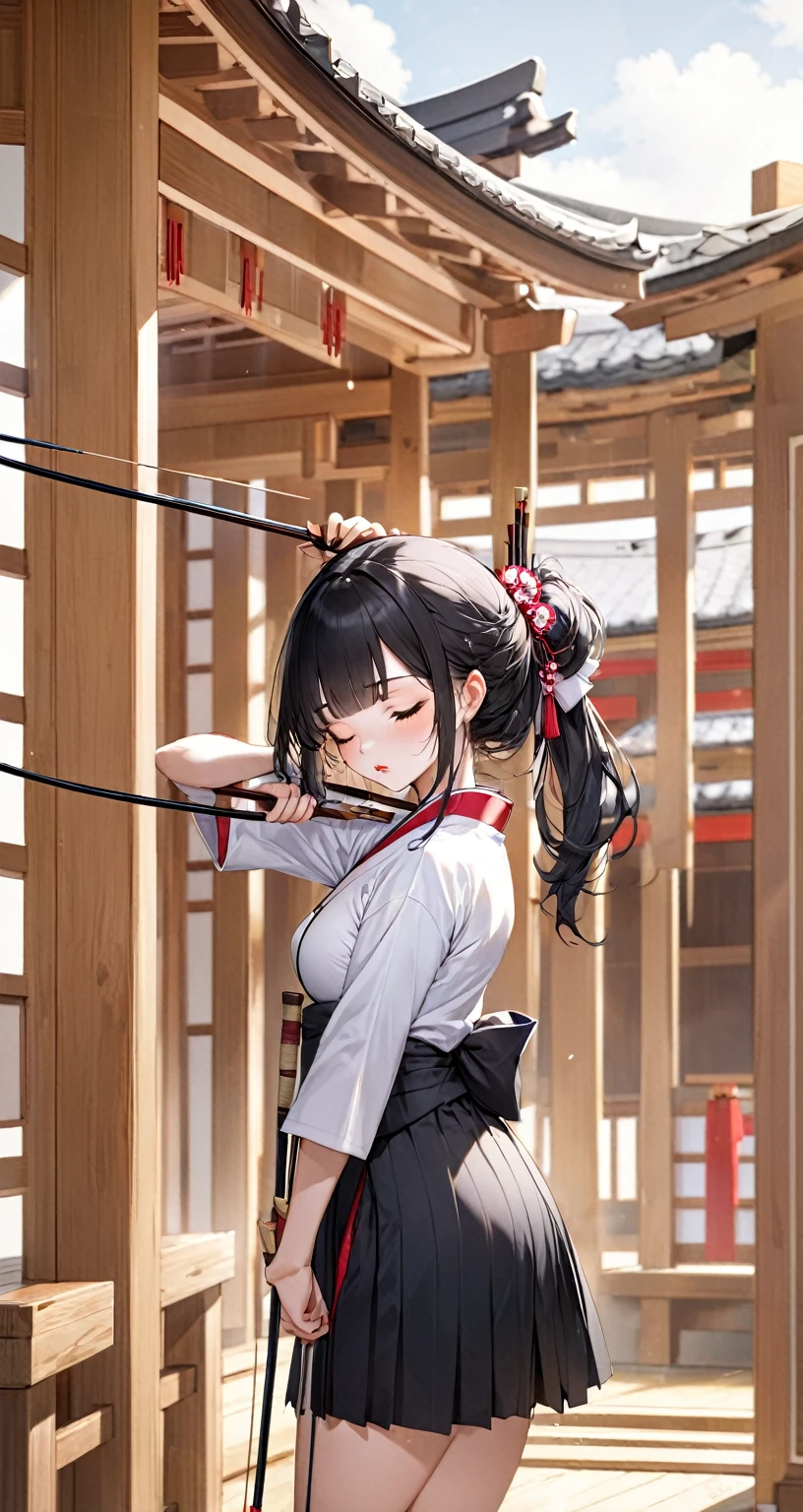 ((profile, standing Kyudo style)), (left hand holding a japanese long bow:1.2), (Push forward left hand holding on japanese long bow), (solo:2, 15 yo) (detailed beautifu blunt bangs:1.3) (beautiful sexy black hair very long hair) (beautiful shrine maiden girl) (detailed sexy closed eyes) (serious face, glossy lip) (medium tits), break, in a white Kyudo uniform, break, in the japanese Archery range, BREAK, perfect anatomy, masterpiece, best quality, 16k, beautiful detailed grow, daydreaming expression.