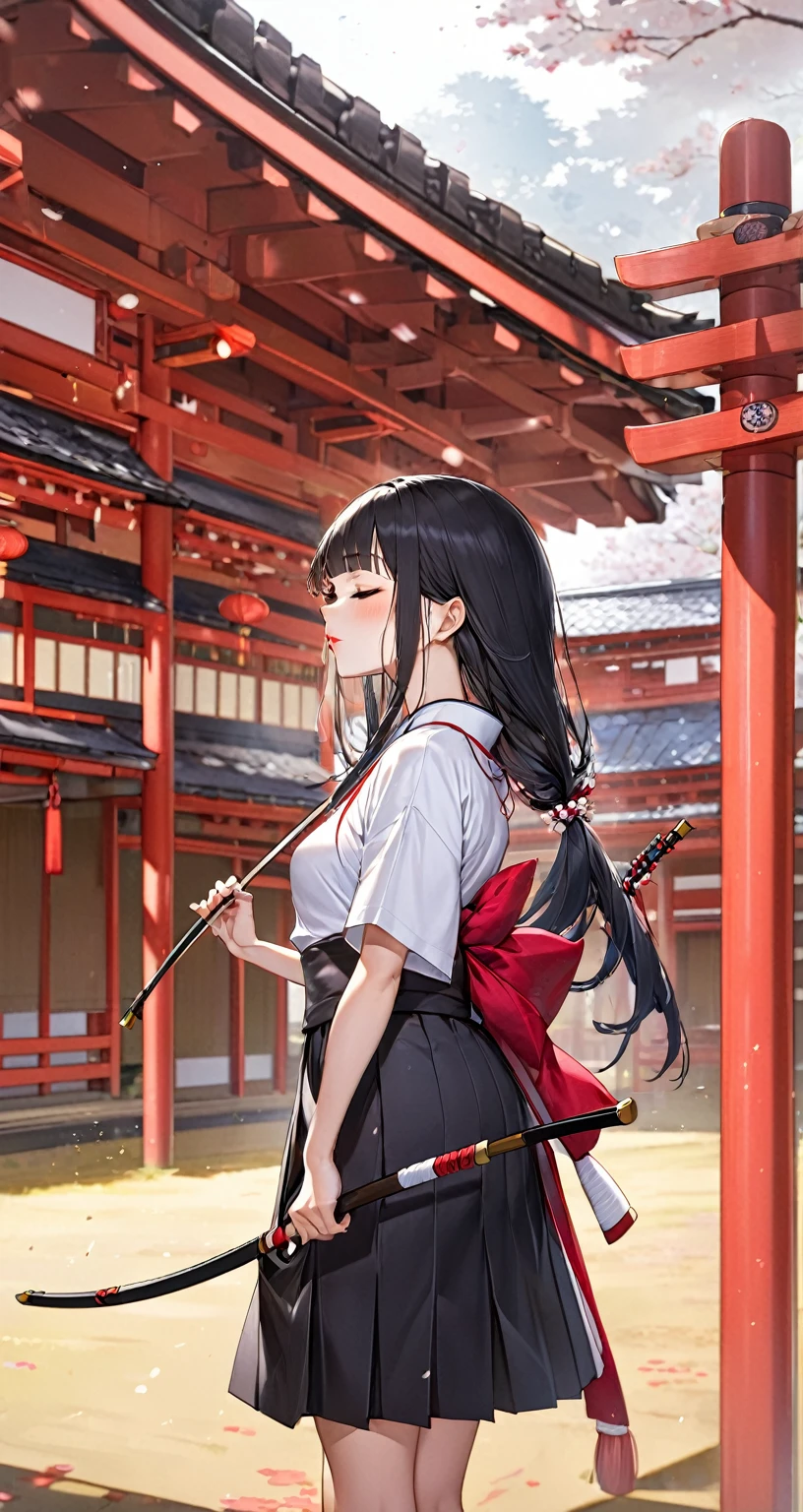 ((profile, standing Kyudo style)), (left hand holding a japanese long bow:1.2), (Push forward left hand holding on japanese long bow), (solo:2, 15 yo) (detailed beautifu blunt bangs:1.3) (beautiful sexy black hair very long hair) (beautiful shrine maiden girl) (detailed sexy closed eyes) (serious face, glossy lip) (medium tits), break, in a white Kyudo uniform, break, in the japanese Archery range, BREAK, perfect anatomy, masterpiece, best quality, 16k, beautiful detailed grow, daydreaming expression.